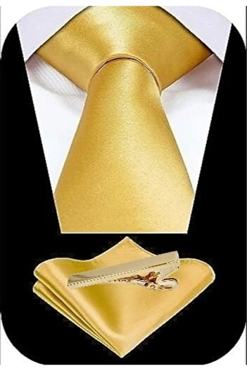 Trenderrs Men's Satin Tie Handkerchief And Gold Steel Tie Clip Set