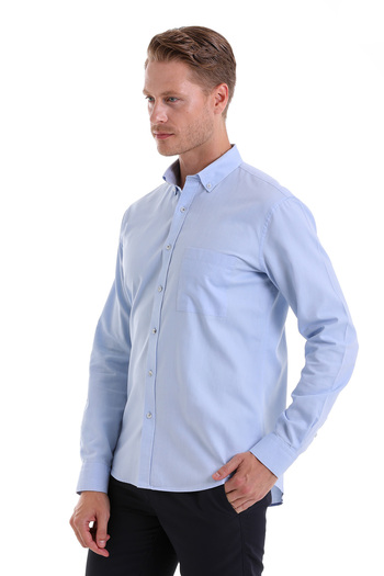 Hatemoğlu Μπλε Comfort Fit Απλό 100% βαμβακερό γιακά με μακρυμάνικο πουκάμισο Oxford