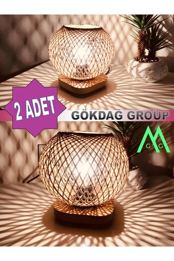 Naturel Lighting 2 Lİ Doğal Ağaç Abajur Jüt Hasır Başlık Lambader Aydınlatma