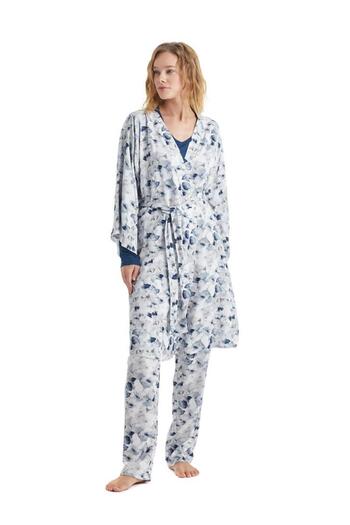 Blackspade Women's Long Sleeve V-Neck Navy Blue Pajamas & Dressing Gown Set 51224-51227