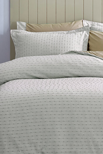 Evlen Home Collection Spectra 100% Cotton Special Woven Double Duvet Cover Set with Piping Sheets Striped Plain Beige