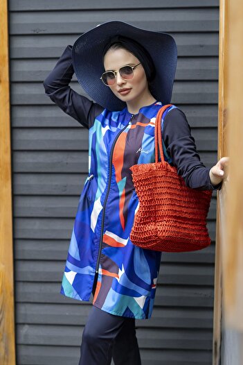 Minel Women's Blue Red Patterned Fully Covered Short Hijab Swimsuit Set of 2 032
