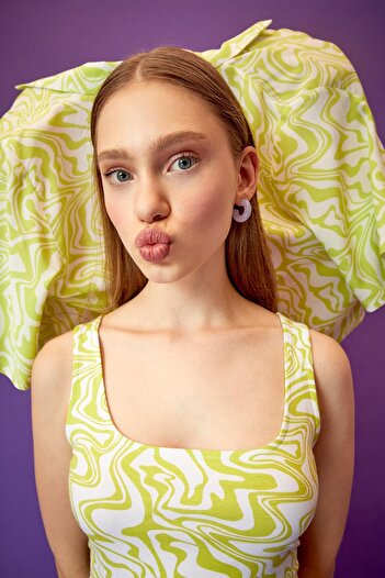 DeFacto Cool A Pouch Marbled Patterned Belly Low-cut Strappy Mini Dress
