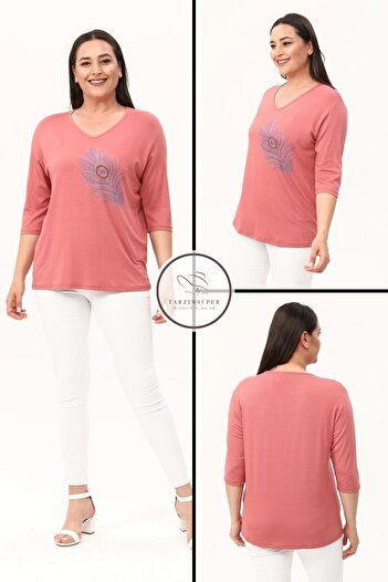 tarzımsüper Large Size New Season Casual Comfort Model Peacock Feather Pattern Stone Embroidered Mother Stylish 4 Seasons Blouse