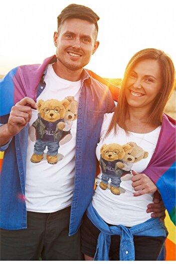 Benisengiydir Unisex White Loving Bears Printed Oversize Crew Neck T-Shirt
