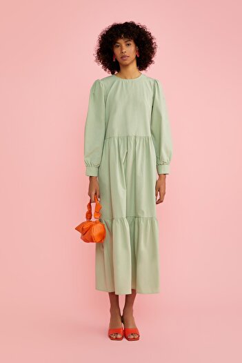 DeFacto Regular Fit Crew Neck Poplin Maxi Long Sleeve Dress