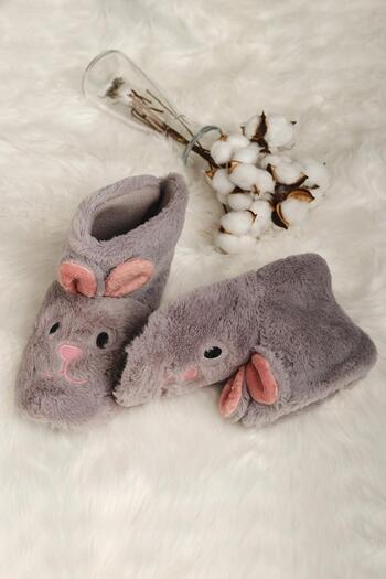 Oksit Zola Non-Slip Sole Soft Fleece Plush Rabbit Patterned Women's Slippers Home Boots