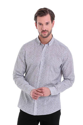 Hatemoğlu Καφέ Slim Fit εμπριμέ 100% βαμβακερό γιακά με μακρυμάνικο πουκάμισο