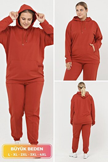 tarzımsüper Large Size Suit with Elastic Waist, Hooded, Kangaroo Pocket, 4 Season Sports and Daily Tracksuit Set