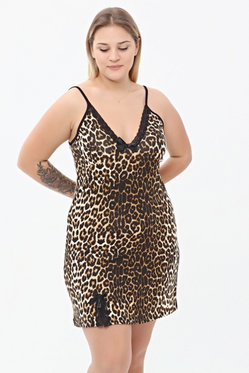 tarzımsüper Women's Large Size Strappy Leopard Patterned Slit Viscose Fabric Lace Above Knee Nightgown