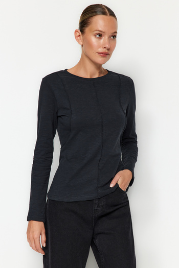 Trendyol Collection Anthracite Stitching Detailed Crew Neck Slim Fit Knitted T-Shirt TWOAW24TS00009