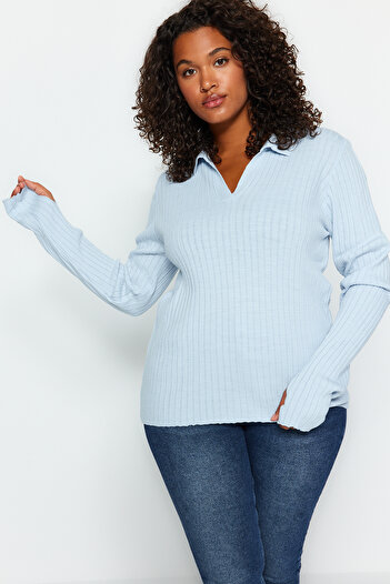 Trendyol Curve Light Blue Sleeve Detailed Polo Neck Knitwear Sweater TBBAW24AN00048