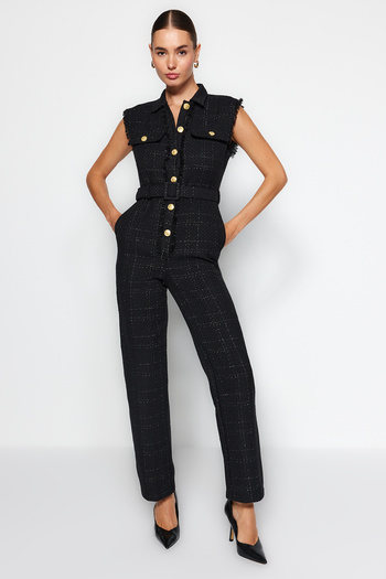 Trendyol Collection Tweed tkaný overal s černým páskem a límečkem TWOAW24TU00013