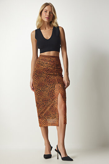 Happiness İstanbul Orange gemusterter Chiffonrock mit Raffung für Damen CR00420