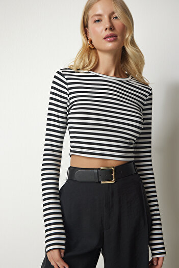 Happiness İstanbul Női fekete-fehér csíkos Camisole Crop blúz MC00229