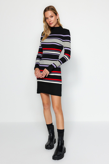 Trendyol Collection Color Blocked Black Mini Knitwear Dress - Stand Collar Twoaw24El00469
