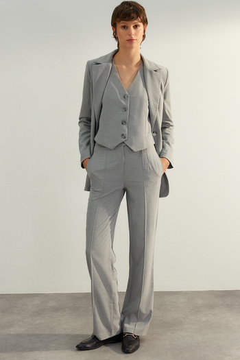 Trendyol Collection Gray High Waist Straight/Straight Cut Woven Rib Fabric Pants Twoaw24Pl00148