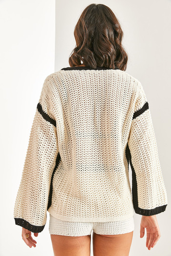 Bianco Lucci Damen-Strickpullover mit durchbrochenem Kragen und Bindeband