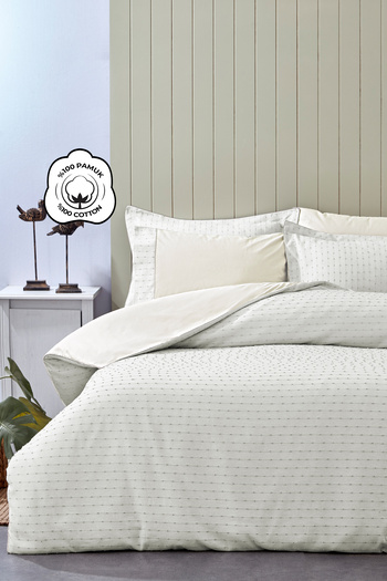 Evlen Home Collection Spectra 100% Cotton Special Woven Double Duvet Cover Set with Biased Sheets Striped Plain Cream