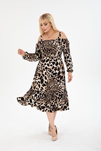 mezura tekstil PLUS SIZE BELOW KNEE LONG SLEEVE MADONNA COLLAR SKIRT Ruffle STYLISH VISCOSE COMBED DRESS