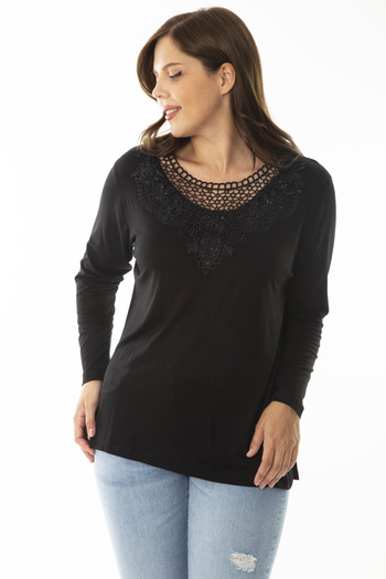 Şans Women's Large Size Black Lace Detailed Long Sleeve Blouse 65N36866