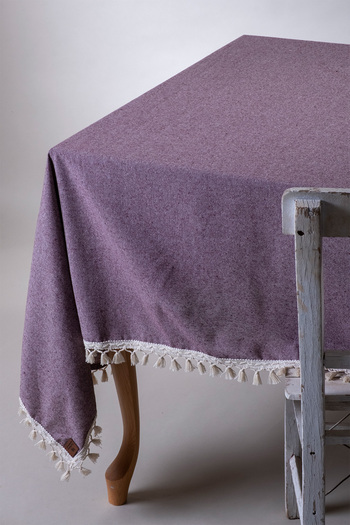 vivamaison Plum Colored Cotton Pompom Tablecloth