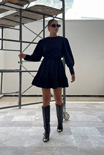 Ortaya Çık Black Padded Design Dress