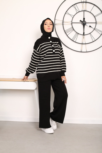 Kirazgym Striped Placket 4 Button Knitwear Suit