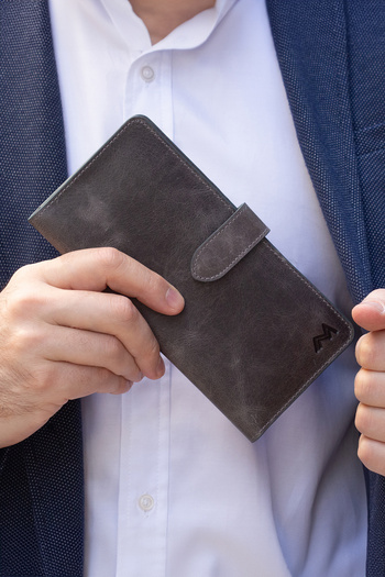 TESBİHCİBABA Mandarin| Anthracite Paris Men's Leather Wallet with Phone Compartment, Card Holder