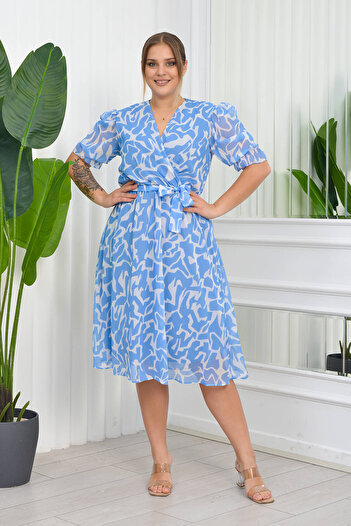 XXL BUTİK Women's Plus Size Patterned Chiffon Dress Nb8063 - Blue