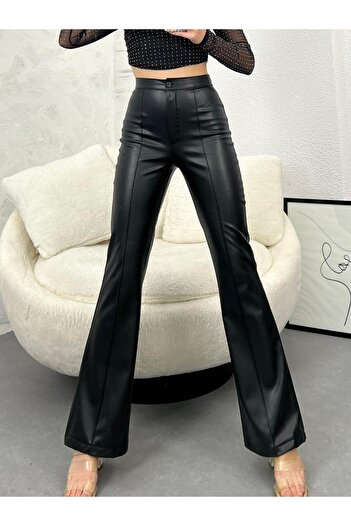 MEECY Women's Black Raised Flare Leg Leather Trousers