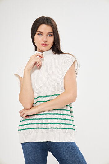 Eke Tekstil White Zippered Striped Knitwear Sweater
