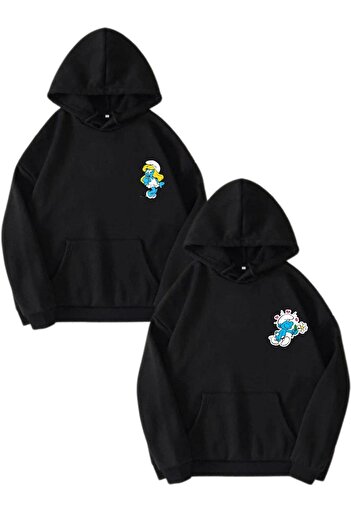 Mythologie Şirinler Sevgili Çift Kombin - Siyah Baskılı Oversize Kapüşonlu Sweatshirt