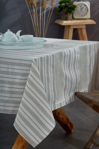 vivamaison Washed Cotton Burgundy Striped Ruched Tablecloth
