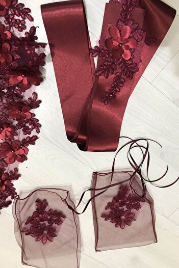 Hobigram Bridal Accessory Burgundy Floral Henna Face Cover Girdle and Gloves – Bridal Accessory, Stylish Design – Gel