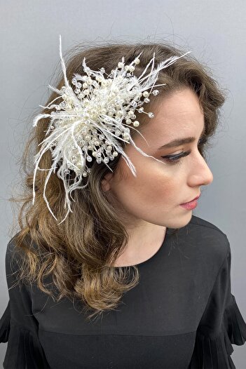 Hobigram Bridal Accessory Cream Crystal Beaded and Feather Hair Clip – Other Hair Accessories, Stylish Design – D