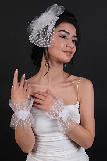 Hobigram Produs de nuntă Căciulă de mireasă cu buline și mănuși de mireasă – mănuși, design elegant, accesoriu pentru femei