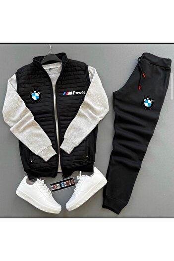NewCabin New Season Mpower Printed Cotton Quilted Jacket-Sweatpants-Sweat 3-Piece Top-Bottom Set
