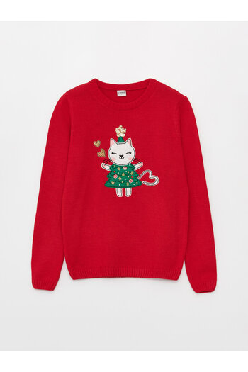 LC Waikiki New Year's Themed - Long Sleeve Crew Neck Girls' Knitwear Sweater