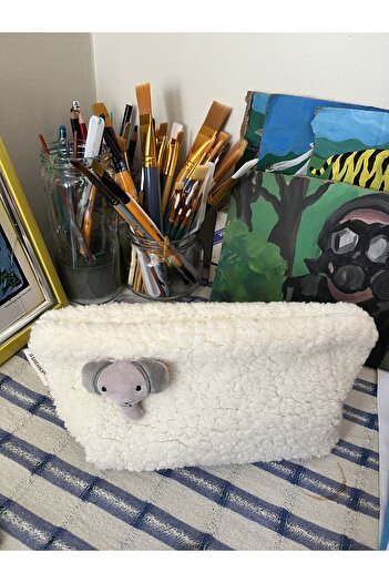 sumicorn Cute Elephant Plush Washable Zippered Gingham Lined Cloth Pen Holder Pencil Case Makeup Bag