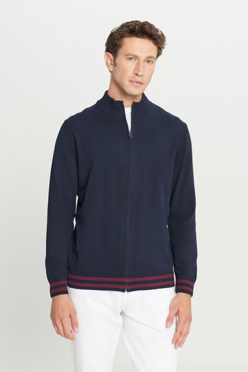 Men's Navy Blue Zippered Mock Neck Cotton Knitwear Cardigan Jacket Standard Fit Regular Cut