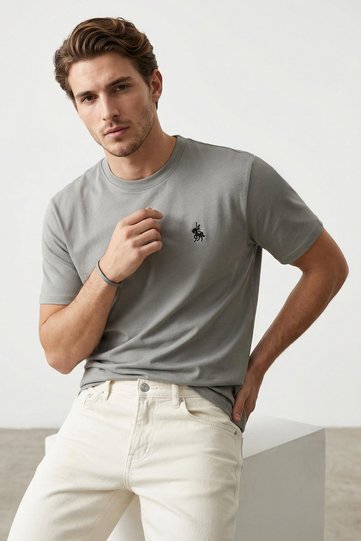 Grey Regular/Normal Fit Horse Embroidered Detail 100% Cotton T-Shirt TMNSS24TS00056