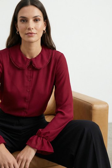 Burgundy Bebe Collar Pompom Detail Regular Regular Fit Woven Shirt Twoaw21Go0717
