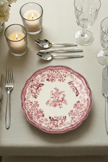 Set of 4 Vintage Floral Print Porcelain Dessert Plates - Red TPHAW26TBK00067