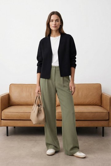 Light Khaki High-Waisted Wide-Leg Pleated Woven Pants TWOAW21PL0076