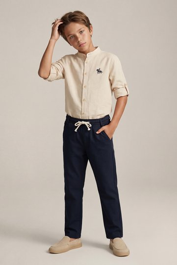 Ecru Elastic Waist Mandarin Collar Shirt and Woven Pants Boys Top and Bottom Set TKDSS25AU00044