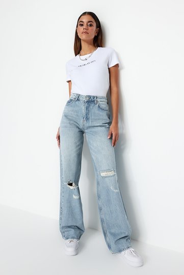 Blue Faded Effect Vintage Distressed Detail Low-Rise Wide Leg Jeans TWOSS23JE00102