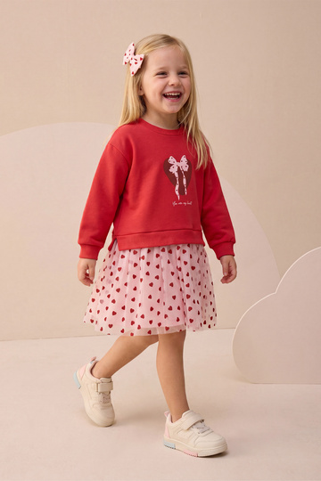 Girl's Dress with Tulle and Heart Print Detail and Buckle