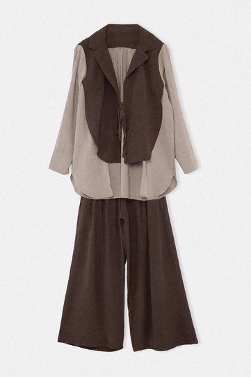 Brown Jacket Collared Long Sleeve Shirt Top Elastic Waist Bottom Double Suit Tdrss26Au00068