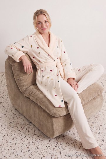 Ecru Winter Themed Soft Waffle Knit Robe THMAW26SB00006